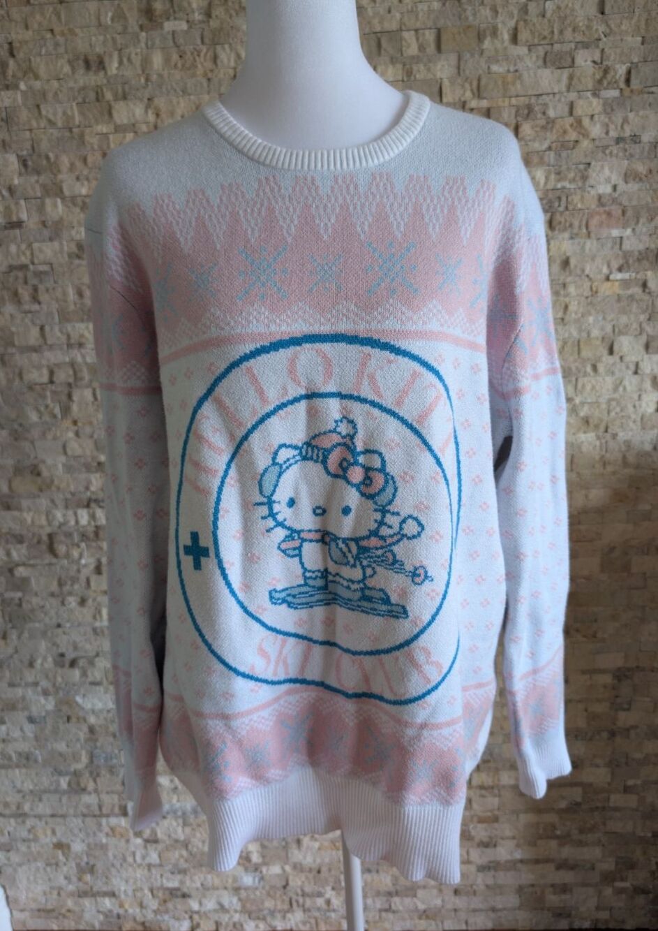 Bioworld Hello Kitty Ski Club Knit Sweater Pastel Pink Blue Fair Isle Size L